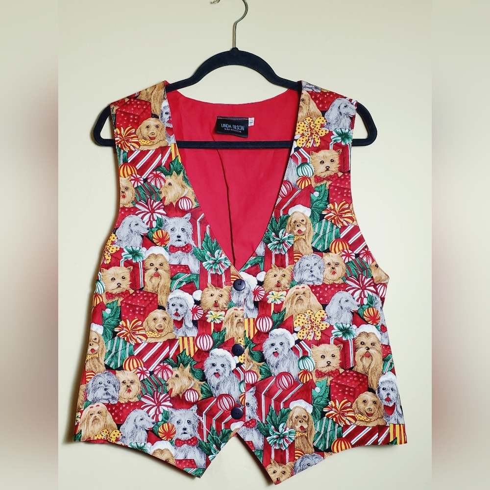 Vintage Linda Tilson Sarasota Dog Print Christmas Vest Size Large